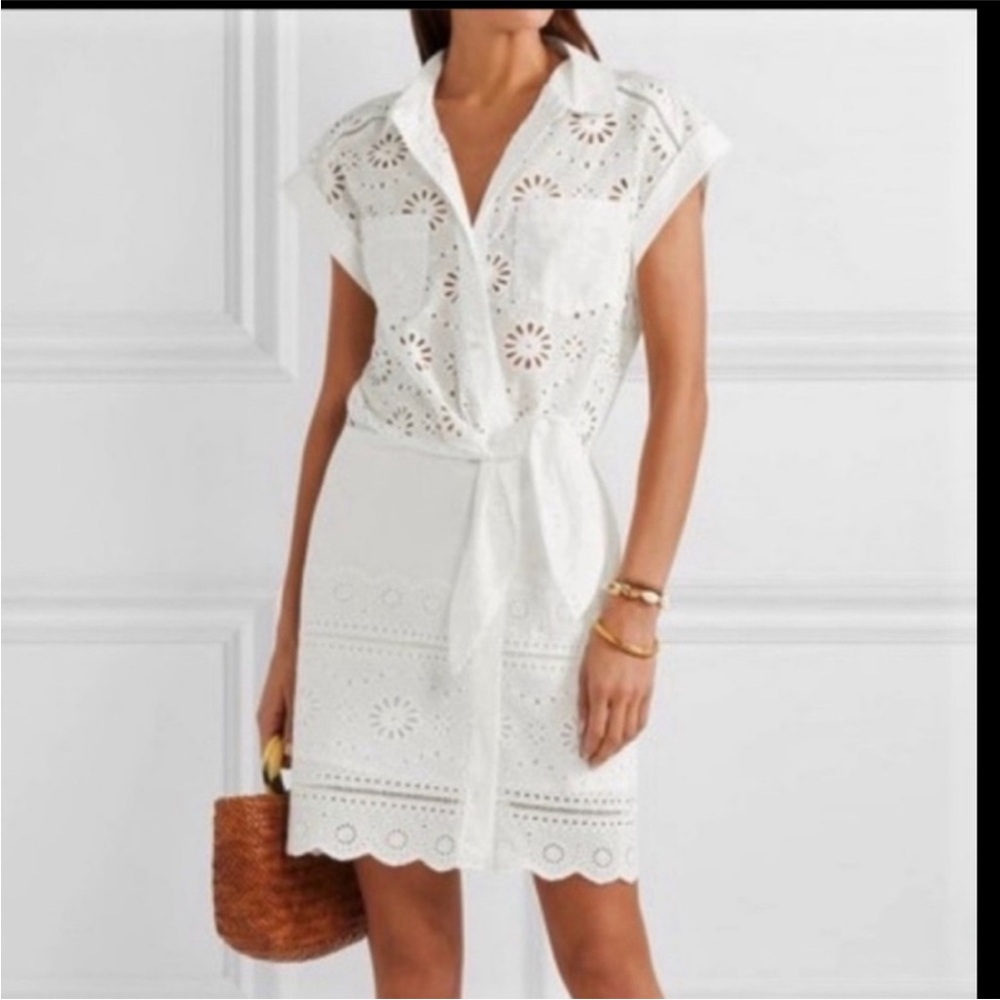 Veronica Beard Bettina Eyelet White Mini Dress with Polo Collar and Cap Sleeves